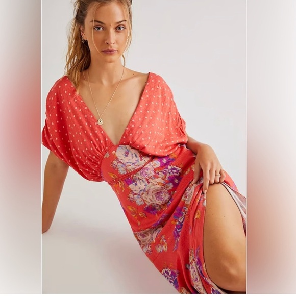 Free People Juniper V Neck Maxi Dress Floral Polka Dot Empire Waist X-LARGE - Picture 14 of 14